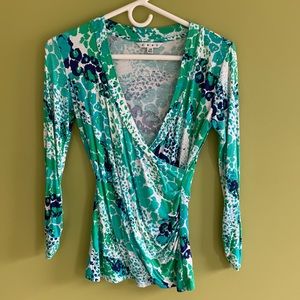 CAbi wrap jersey top. Blue/green/white.